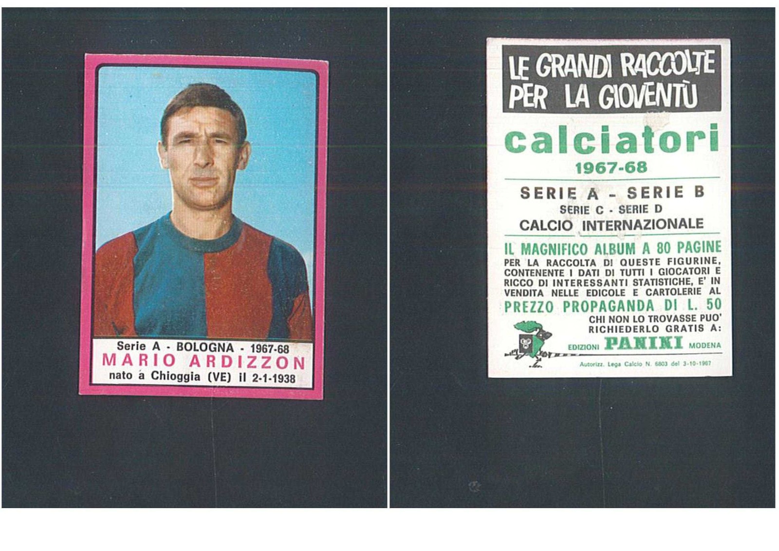 Figurina Calciatori Panini 1967-68 Mario Ardizzon (Bologna) Ottima Rec. ▓