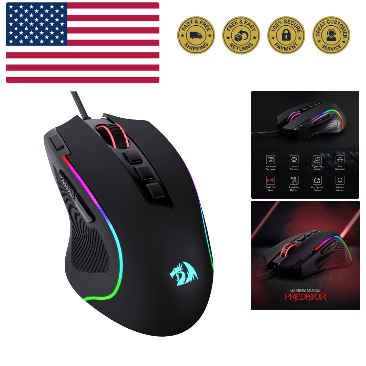 M612 Predator RGB Gaming Mouse, 8000 DPI Wired Optical Mouse with 11 Programm...