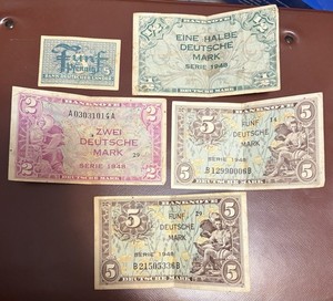 1948 Post WW2 Germany 5 Pfennig, 1/2 Mark, 2 Mark & Two 5 Mark Banknote Lot