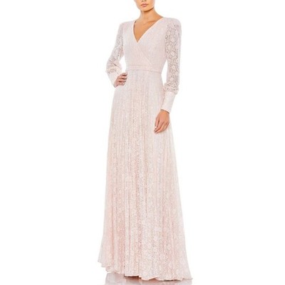 MAC DUGGAL Rose Pink Beaded Lace Wrap Over Gown Long Sleeve 93679D NWT 20