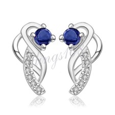 Genuine 925Sterling Silver Half-heart Shiny Blue Crystal Stud Post Earrings J701