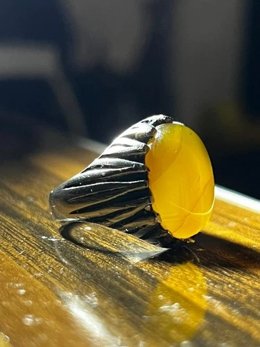 Vintage 925 Sterling Silver Yellow Agate Men's Ring Feather Design