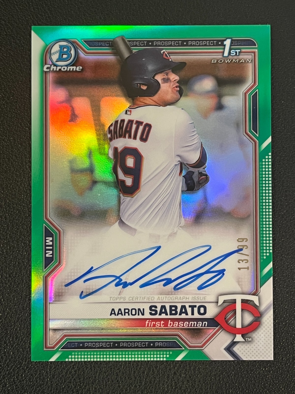 Aaron Sabato 2021 Bowman Chrome 1st Auto Green Refractor /99 Twins