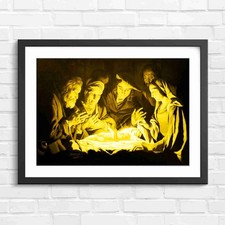 Classical Nativity Scene With Infant Jesus Yellow Framed Wall Art Print Large
