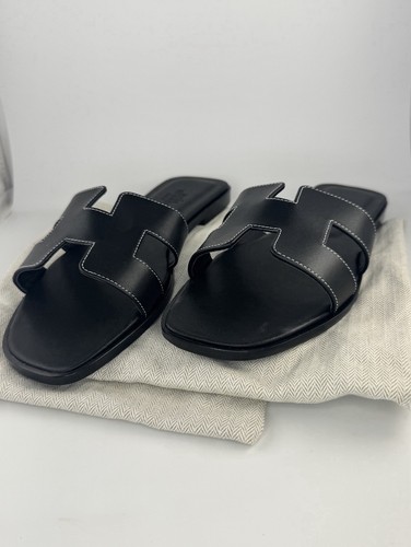 Hermès Oran Black Leather Sandals Women's Size 38 8 US Slides Black White Stitch