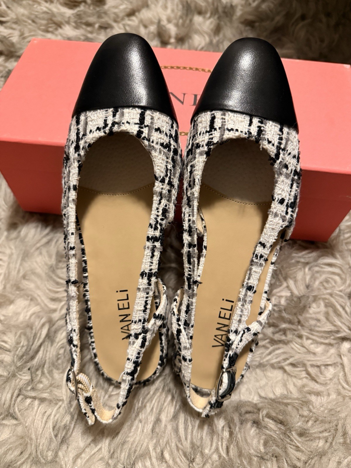 Vaneli Slingback Cap Toe Plaid Tweed Flats Off-White Black Women's Size 6.5 M