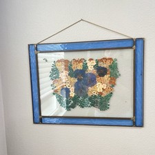Vintage Pressed Flower In Stained Glass 15 X 19 Home Decor Blue Glass