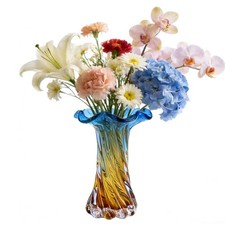 Hand Blown Glass Vase with Flower-Shaped Rim, 10.63in Spiral Swirl Blue to Go...