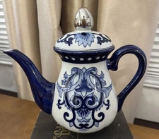 Bombay Company Blue & White Tile 8.5” Tall Tea Pot Lid Platinum Trim Wall Decor