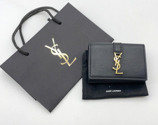 Auth Saint Laurent Cassandra Leather Black Mini Tri fold Wallet W/Bag SK090267