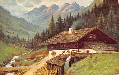 Hochgebirge   Alpenlandschaft mit Berghütte und Bach   J. G. Mohr