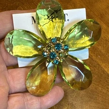 MIxIT Lg. 3 1/4" Brooch Lime Green Acrylic Flower Sparkly Rhinestones Center NIC