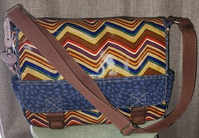Fossil Key-Per Messenger Bag Retro Chevron Zig Zag Coated Canvas Leather Trim