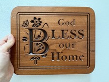 God Bless Our Home Wooden Wall Hanging Sign Engraved 10x8  Cottagecore Rustic