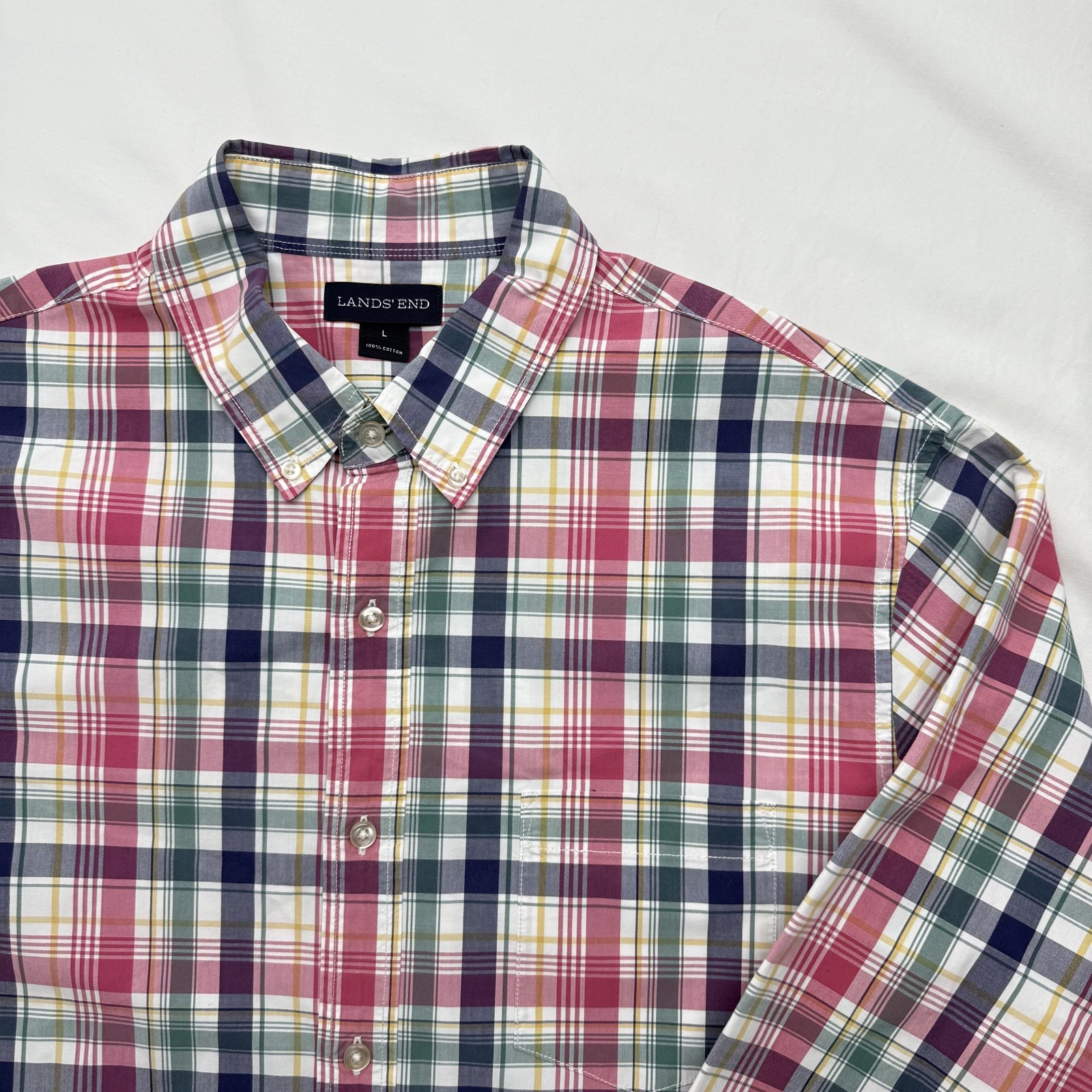 Lands End Men's L 16-16 1/2 Tailored Fit Pink Blue Plaid Button Down Long Sleeve