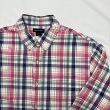 Lands End Men's L 16-16 1/2 Tailored Fit Pink Blue Plaid Button Down Long Sleeve