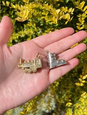 2 X Vintage .800 .925 Sliver Pendants Novelty Steam Train Boot Gold Tone (22.3g)