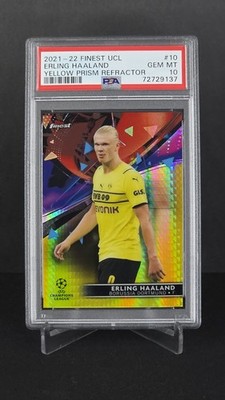 2021-22 Topps Finest UCL Erling Haaland Yellow Prism Refractor 134/250 PSA 10