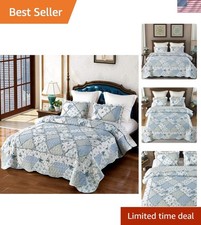 Blue Floral Patchwork Quilt Set, Full Queen Size, 3 Piece Bedding Set with 2 ...