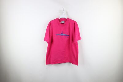 Vintage 80s LL Bean Womens XL Faded Spell Out Script Kayak Boat T-Shirt Pink USA