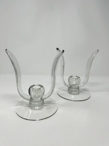 Paire (2) bougeoirs coniques vintage Cambridge en verre ailé
