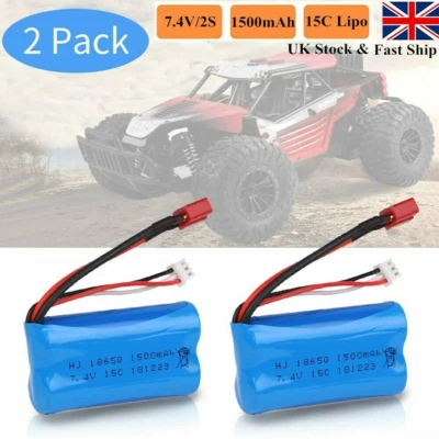 2X 7.4V 1500mAh 15C 2S Li-Ion Battery T Deans Connector for WLtoys 4WD RC Car UK