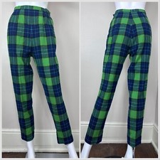 Vintage 1960s Green and Blue Plaid Wool Pants 60s Pendleton 24"x27.75" Side Zip