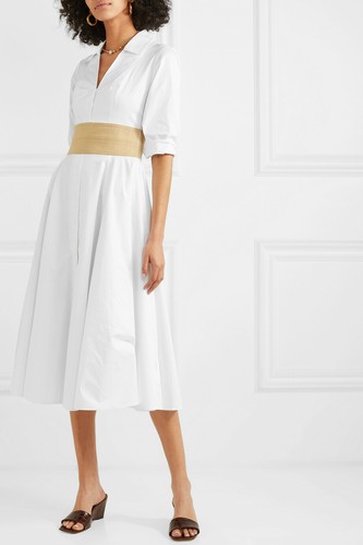 STAUD White Sand Beige Empire Waist V-Neck Harper A-Line Midi Shirt-Dress 8 = M - 第 5/14 張圖片
