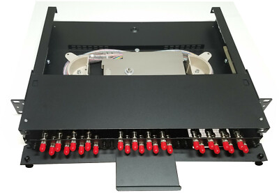 24 Fiber 1RU Rack Mount Loaded w/ 24 ST Adapters, 62.5 Multimode Pigtails & Tray