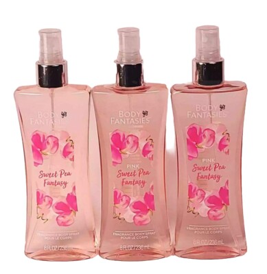 3 X Body Fantasies Pink Sweet Pea Fantasy Fragrance Body Mist Spray 8oz 236 mL