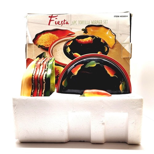 Clay Art Fiesta 6 Piece Tortilla Warmer Set 2003 Food Chili Peppers Hand Painted - Picture 3 of 24