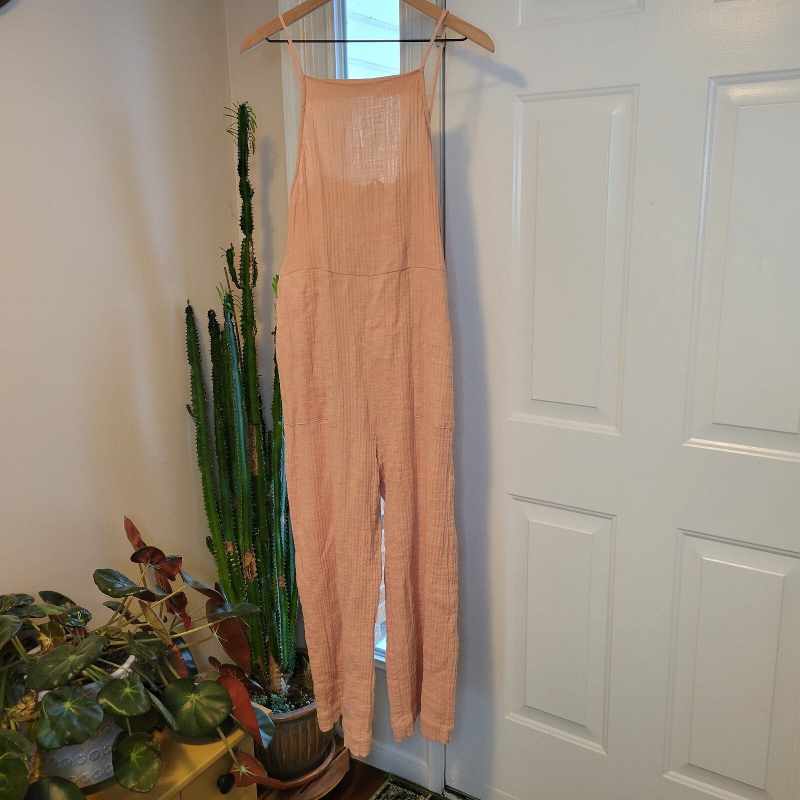 NWT Zara Peach Pink Cotton One-Piece Romper, Size L Stretch Cozy Pockets