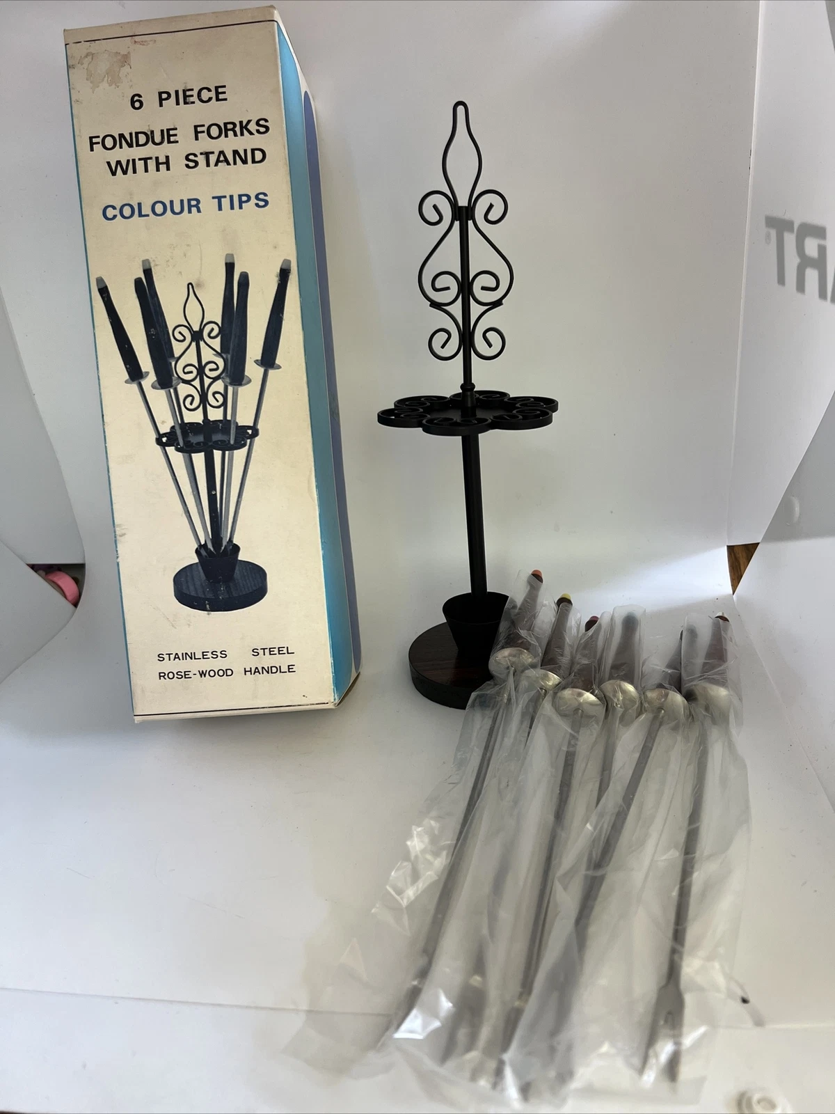 MCM 6 PIECE FONDUE FORKS W/ STAND STAINLESS STEEL WOOD HANDLES JAPAN D.K. #1430