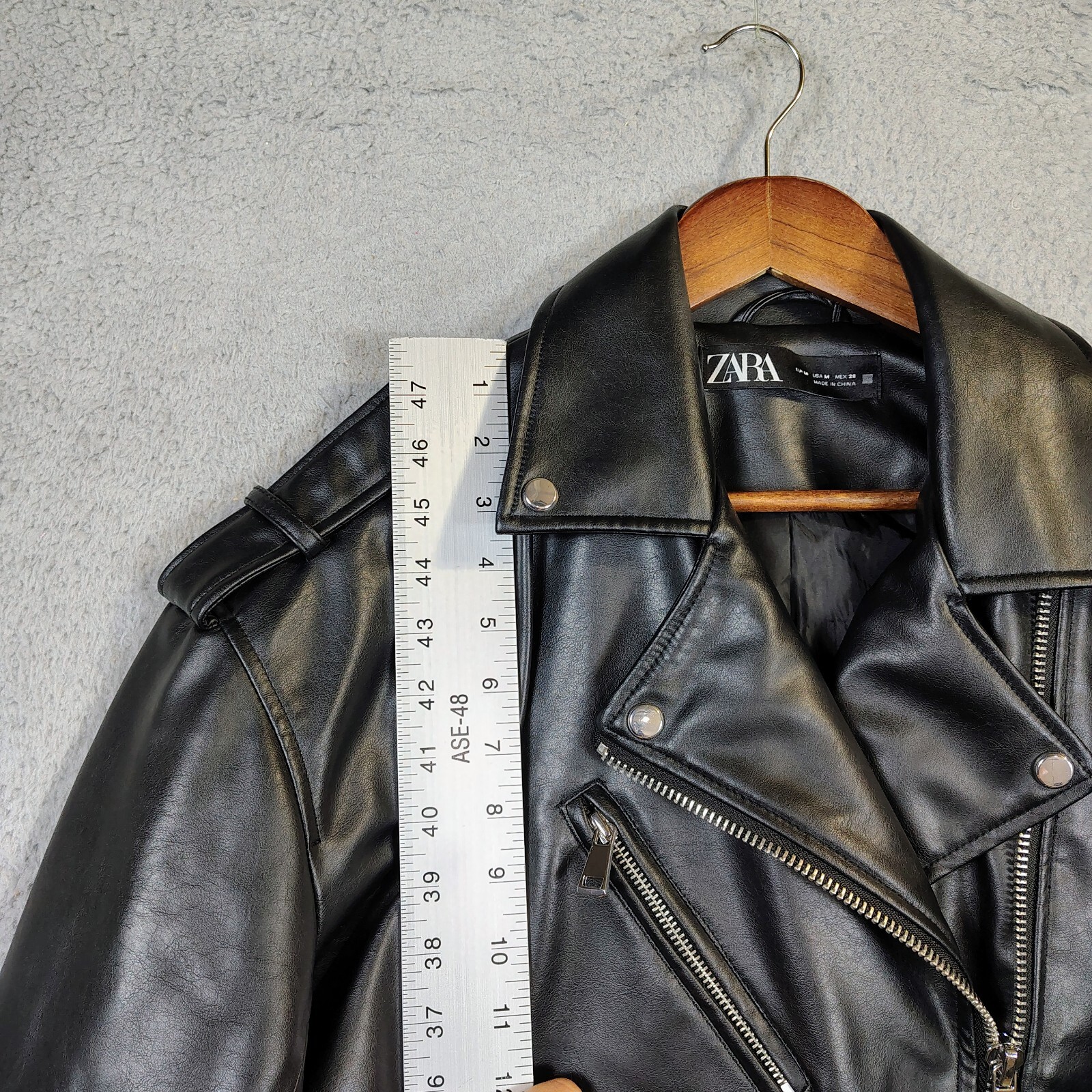 Zara Moto Jacket Womens  Medium Black Faux Leather Belted Biker Oversized thumbnail 7