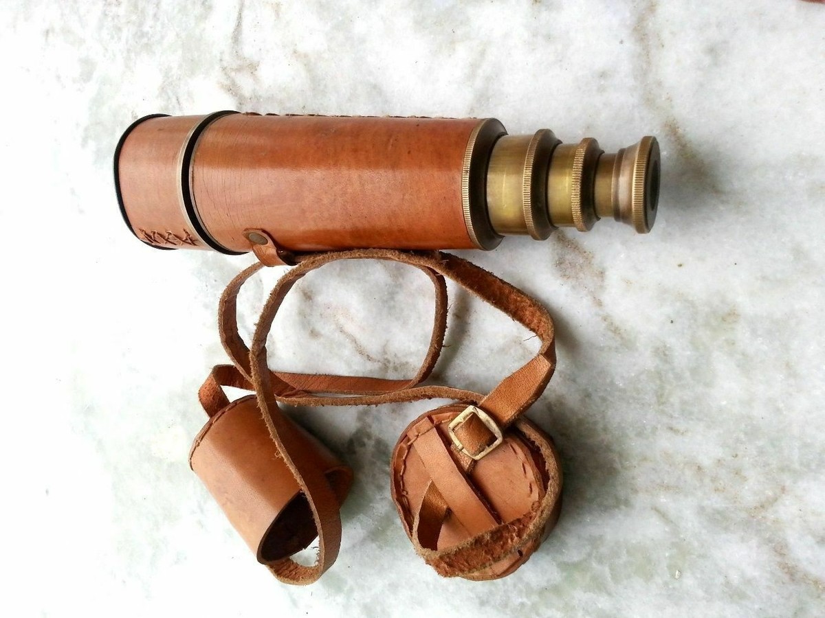 Antique Finish Brown Leather Brass Telescope Leather case Folding