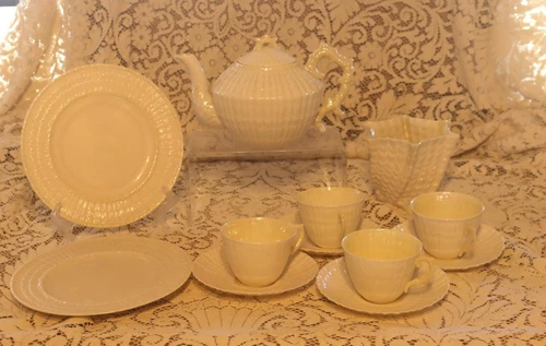 Belleek Ireland LIMPET Teapot & 4 Cups & Saucers 2 Plates & Hexagon Flower Pot