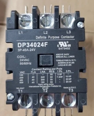 IRP INTERNATIONAL REFRIGERATION DP24024F 2-POLE 40 AMP/24 V COIL DEFINITE CONTACTOR