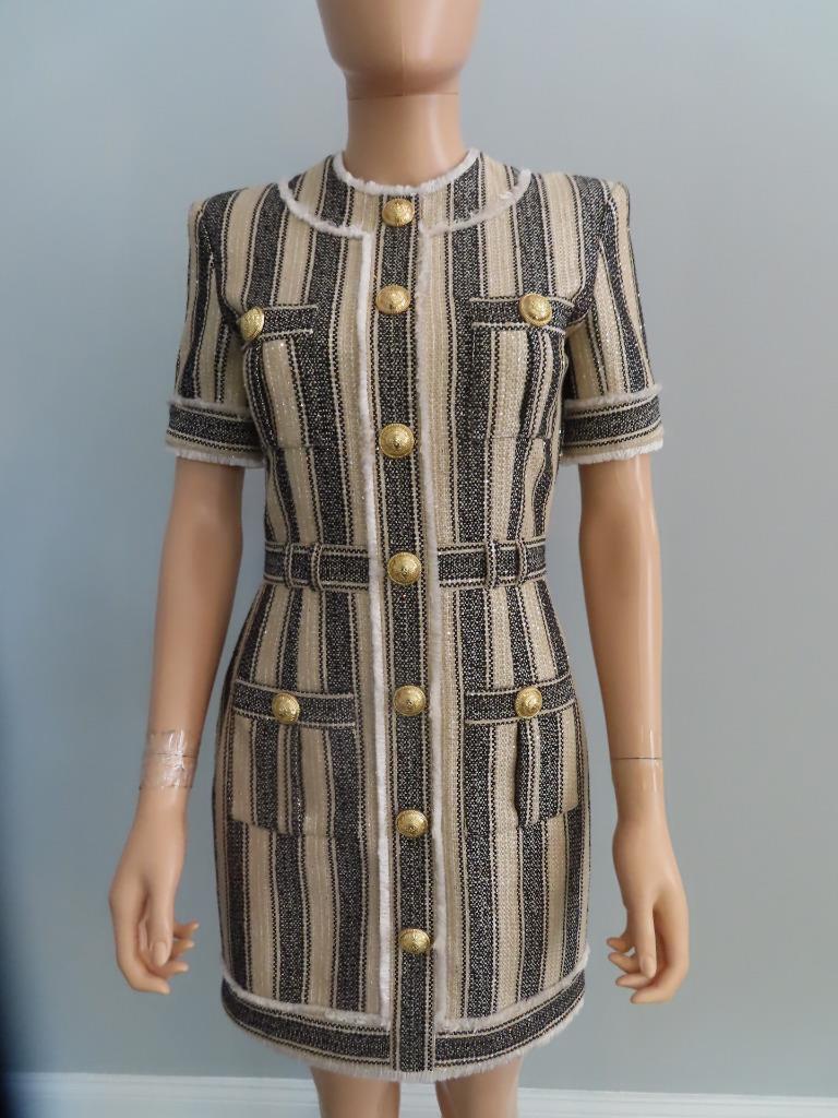 NWT BALMAIN Ecru/Black Striped Pique Short Slv Dress F 36/US