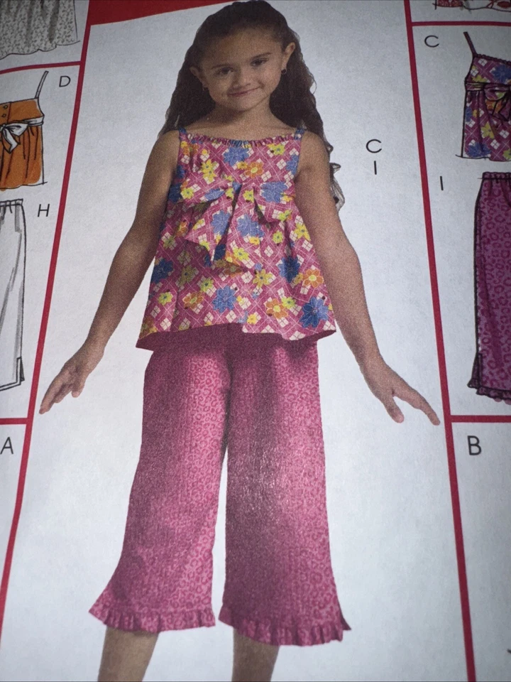 McCalls M5308 Girls Tops Dresses Shorts Capri Pants Sewing Pattern Sz 6-8 Precut - Image 2 of 4
