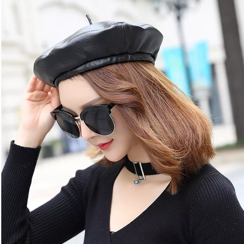 2019 Women&#039;s Fashion Sheepskin Genuine Leather Black Beret Cap Casual Hat |