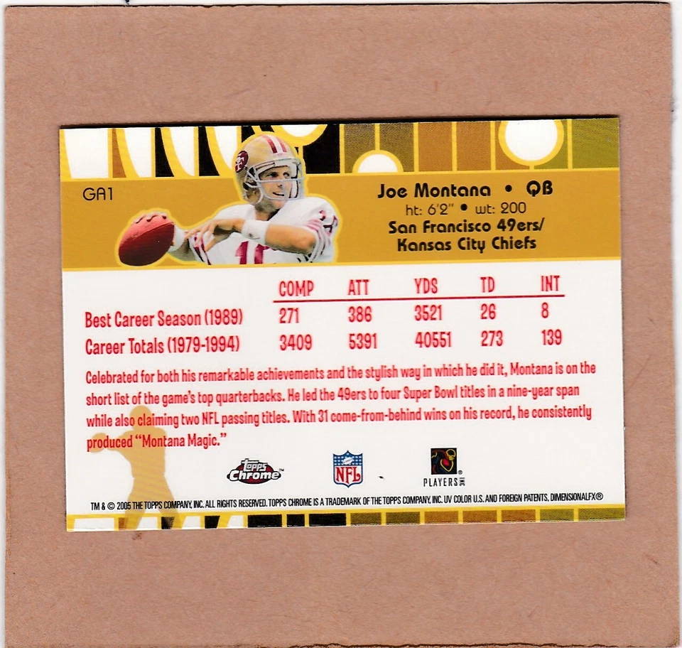 2005 Topps Chrome Golden Greats Joe Montana #GA1 HOF MINT condition - Image 2 of 2