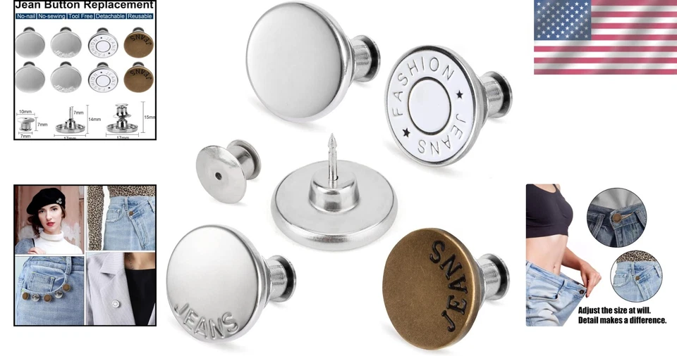 Stylish Jean Button Pin Replacement: 8 Adjustable Clips for Comfort Fit - Image 2 of 4