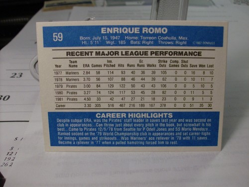 1982 Donruss Baseball #59 - Enrique Romo - Pittsburgh Pirates 82-191 - Picture 2 of 2