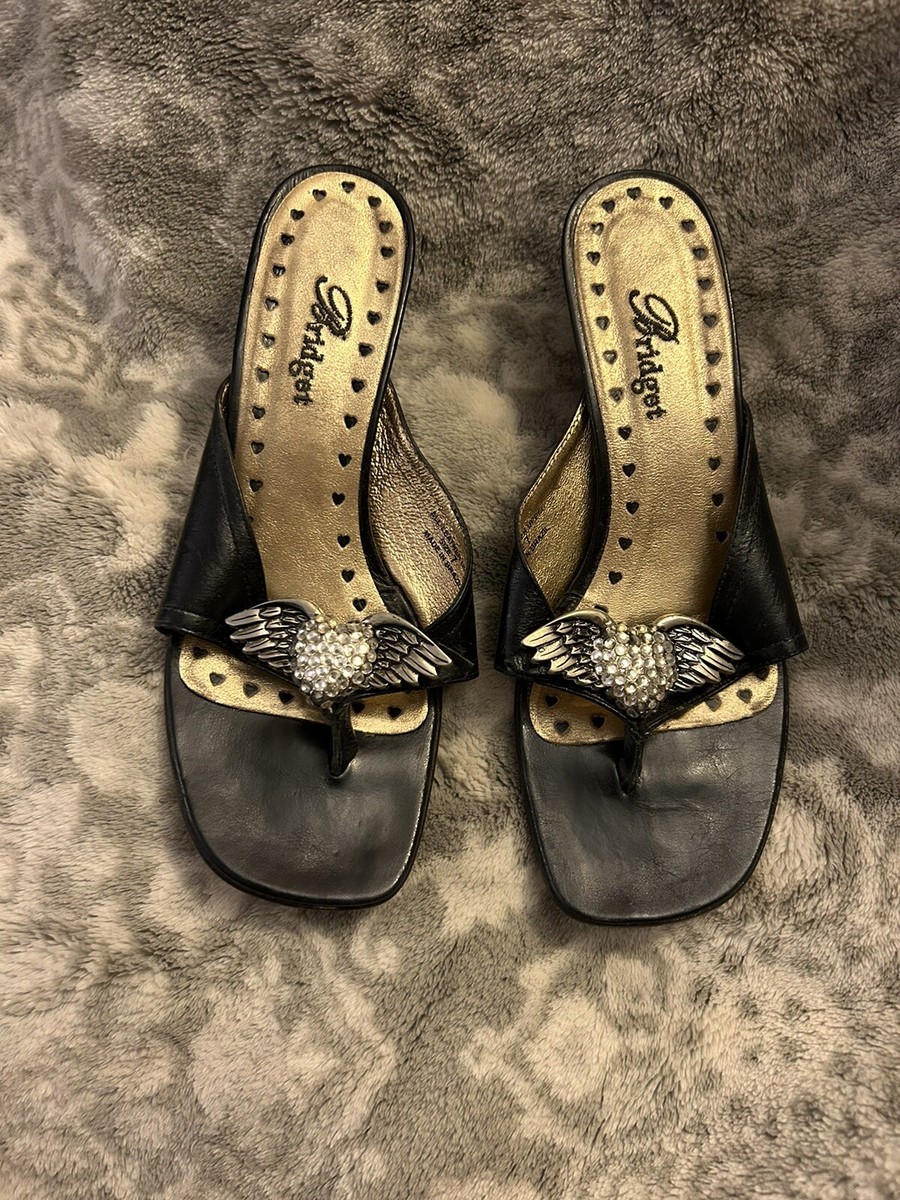 RARE: Authentic *Bridget* Black Gold Leather Sandals w Crystal