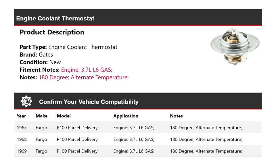 Para Fargo P100 1967-1969 Entrega de paquetes Motor Refrigerante Termostato Puertas 1968 Foto 2 de 4