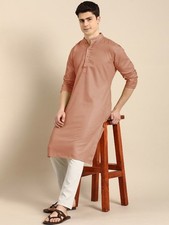 Men  s Taupe Solid Cotton Kurta  Mandarin Collar, Long Sleeve, Knee Length  S-XXL