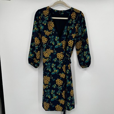 J. Crew Navy Floral Wrap Dress Yellow Teal Blooms Midi Sleeve Size 0 Garden