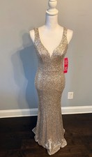 Sequin V-Neck Mermaid Gown Gold NWT Prom Formal Evening Dress