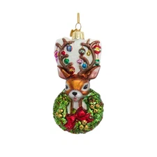 Kurt Adler Nobel Gems Glass Christmas Ornament, Traditional Deer with Wreath