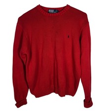 Polo Ralph Lauren Mens Crewneck Knit Sweater Size Large Ribbed Cuffs Red Cotton